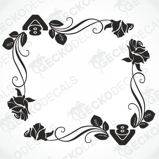 A black and white image of a floral side window decal with roses and leaves designed for a Scania V8 truck. The image shows the decal on a white background.