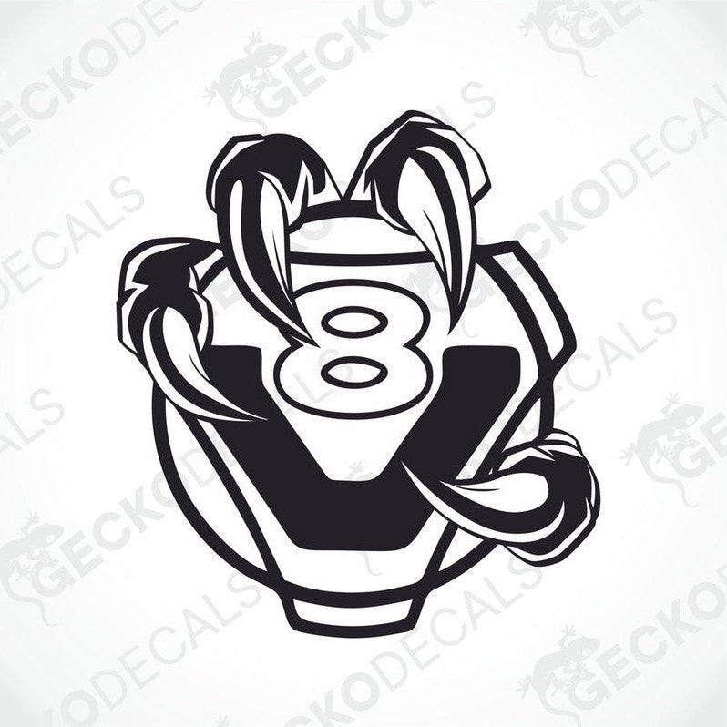 A black and white die cut sticker decal with the number 8 and a design resembling nails around it, on a white background with the text 'GeckoDecals'.