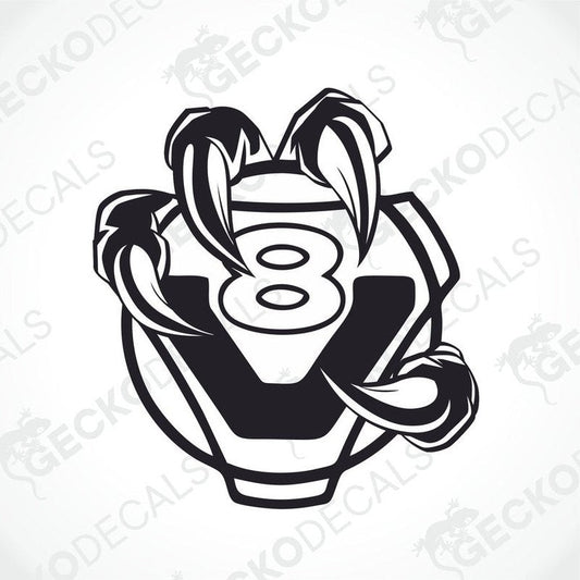 A black and white die cut sticker decal with the number 8 and a design resembling nails around it, on a white background with the text 'GeckoDecals'.