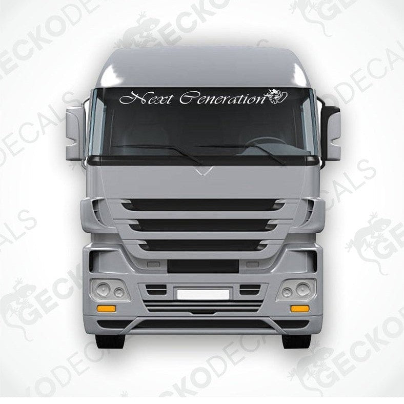 A gray Scania V8 Next Generation truck with a die cut decal on the windscreen stating 'Next Generation'.