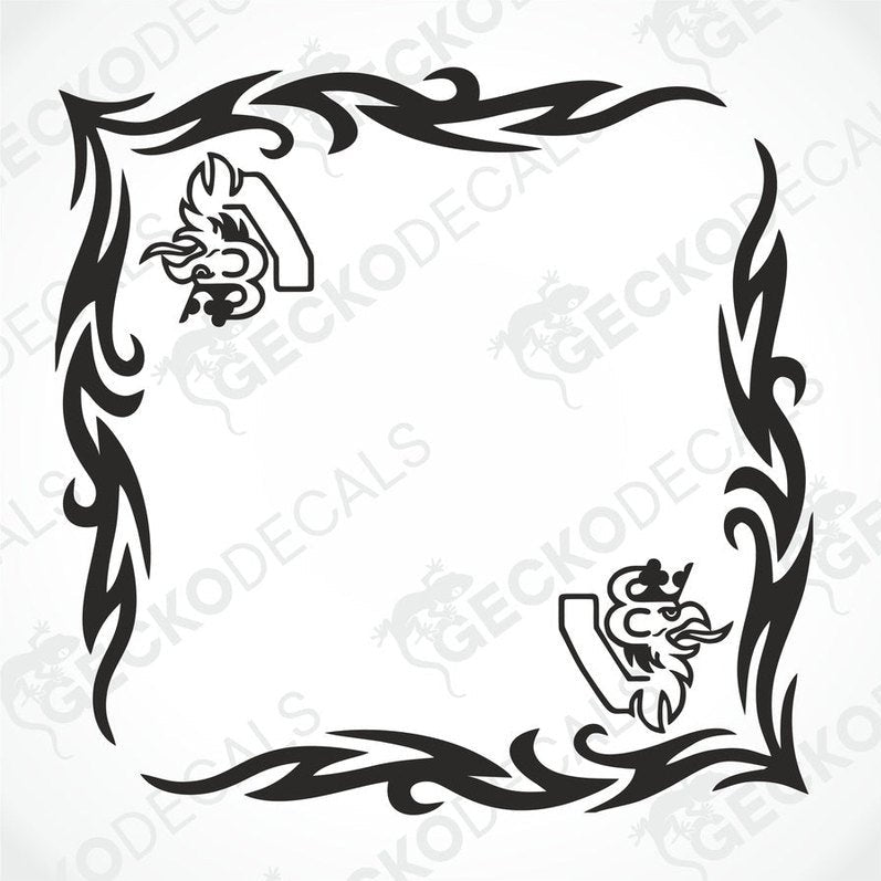 A pair of die cut black and white side window decals featuring a tribal pattern and a griffin motif, intended for use on a Scania V8 truck.