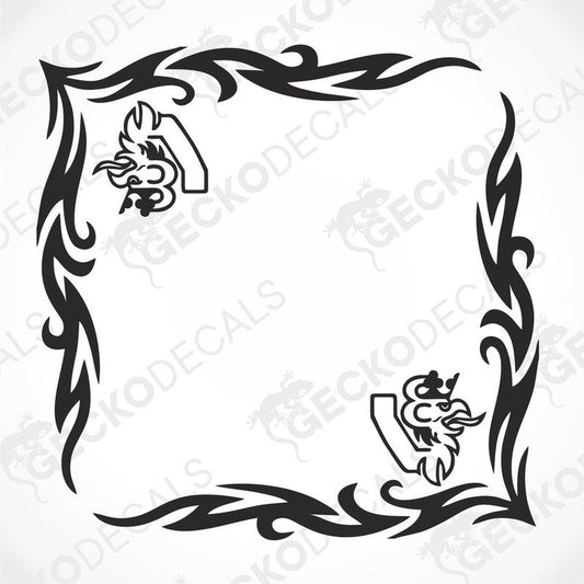 A pair of die cut black and white side window decals featuring a tribal pattern and a griffin motif, intended for use on a Scania V8 truck.