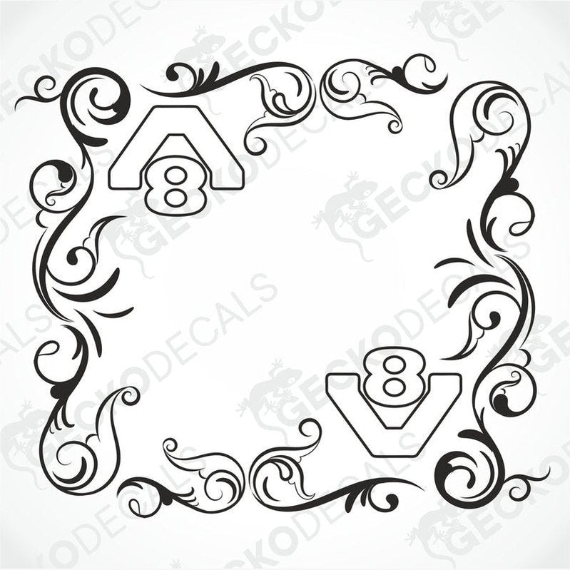 A pair of black and white side window decals for a Scania V8 truck, featuring decorative floral and swirl designs around the numerals '8'.