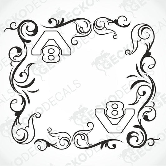 A pair of black and white side window decals for a Scania V8 truck, featuring decorative floral and swirl designs around the numerals '8'.