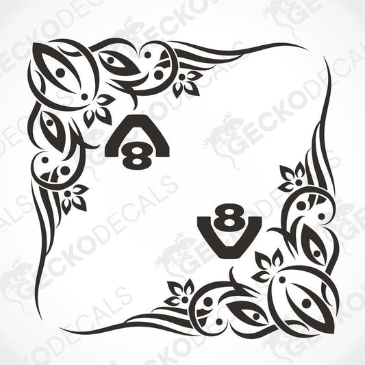 A pair of black and white side window decals with a floral pattern and the number '8' included, intended for use on a Scania V8 truck.
