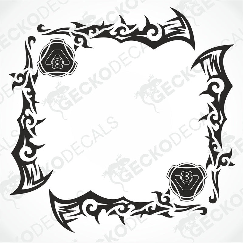 A pair of black and white tribal patterned side window decals for a Scania V8 truck.