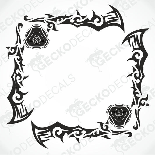 A pair of black and white tribal patterned side window decals for a Scania V8 truck.