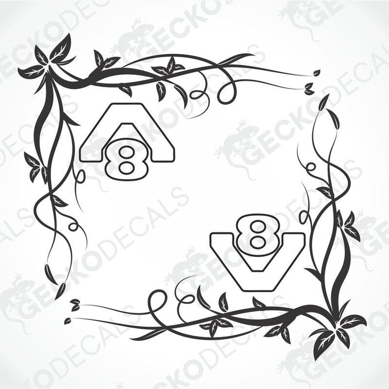 A set of two black and white die cut stickers with a floral wreath design and the numbers 8 on them, intended for use on side windows of a truck.