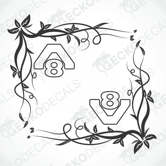 A set of two black and white die cut stickers with a floral wreath design and the numbers 8 on them, intended for use on side windows of a truck.