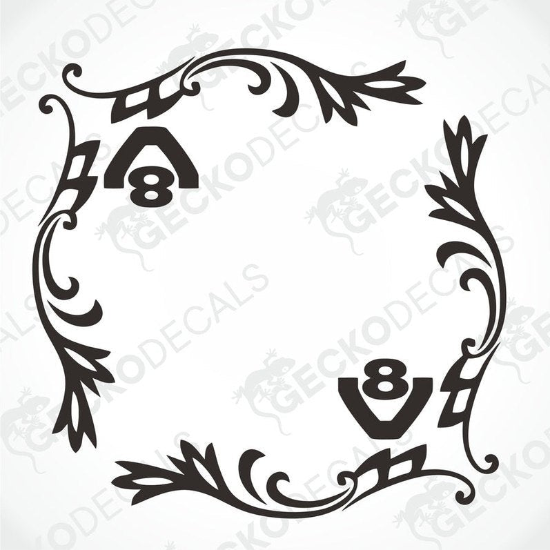 A pair of black and white side window decals for a Scania V8 truck, featuring intricate floral and number designs.