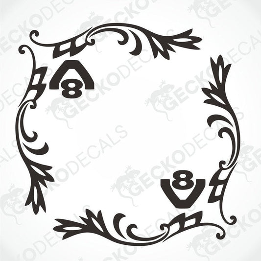 A pair of black and white side window decals for a Scania V8 truck, featuring intricate floral and number designs.