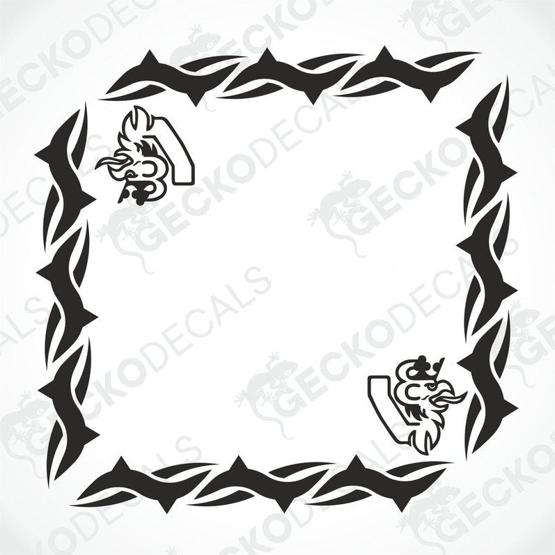 A die cut decal with a geometric pattern and the representation of a griffin, designed for use on side windows of a truck.