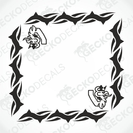 A die cut decal with a geometric pattern and the representation of a griffin, designed for use on side windows of a truck.