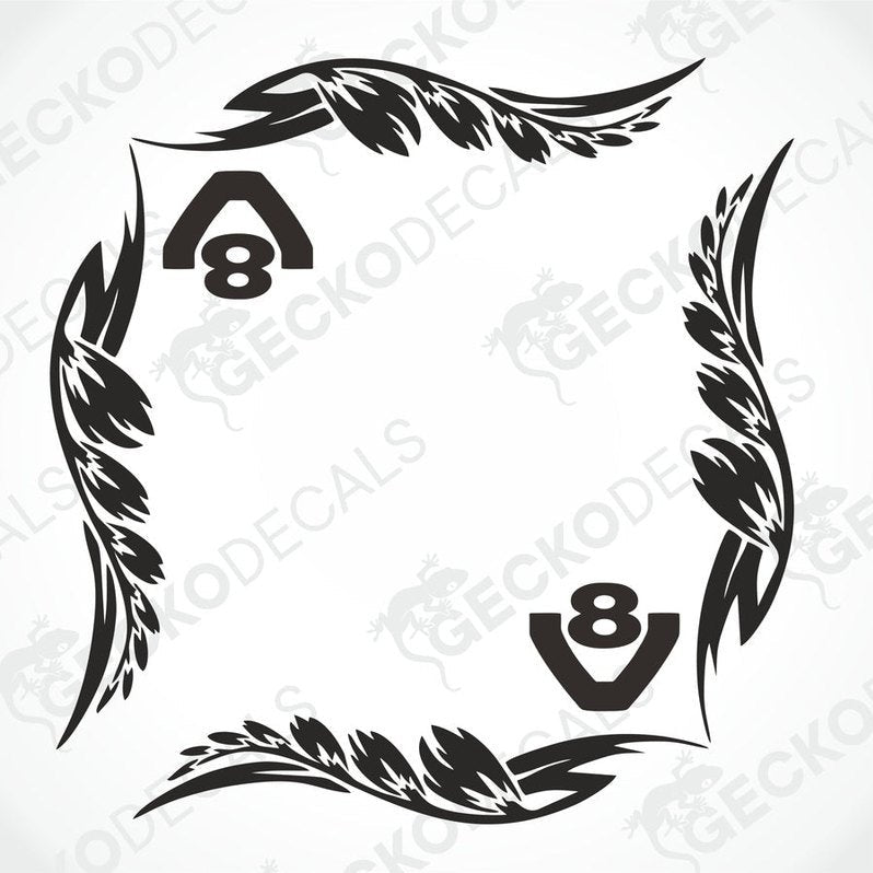 A set of two black and white side window decals for a Scania V8 truck, designed with leaf patterns and the number '8'.