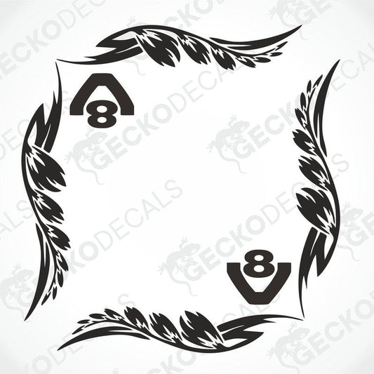 A set of two black and white side window decals for a Scania V8 truck, designed with leaf patterns and the number '8'.