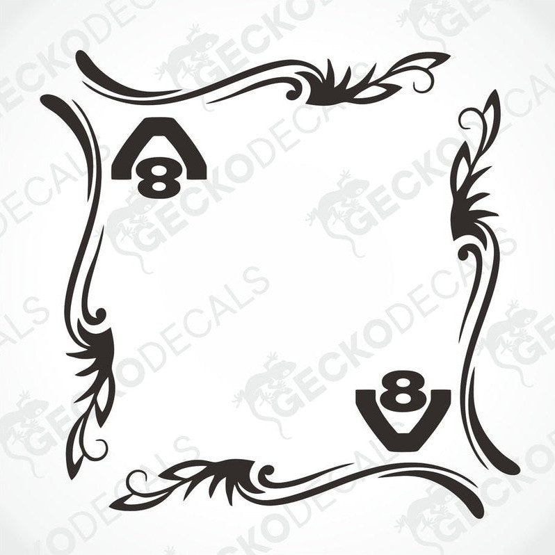 A black and white die cut decal for a Scania V8 side window, designed with ornamental borders and the number '8' included.