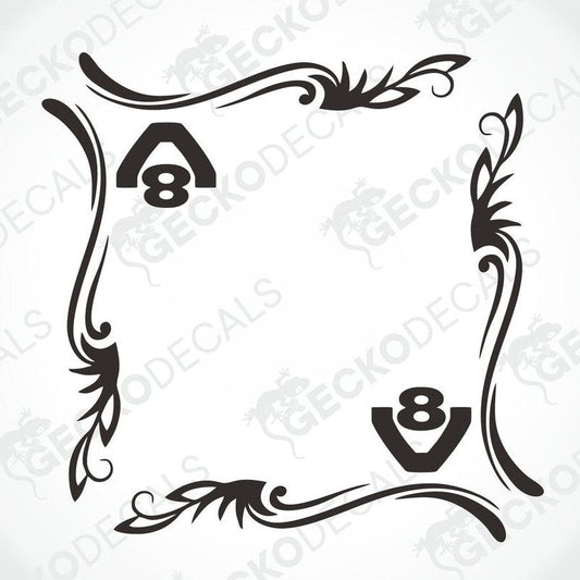 A black and white die cut decal for a Scania V8 side window, designed with ornamental borders and the number '8' included.