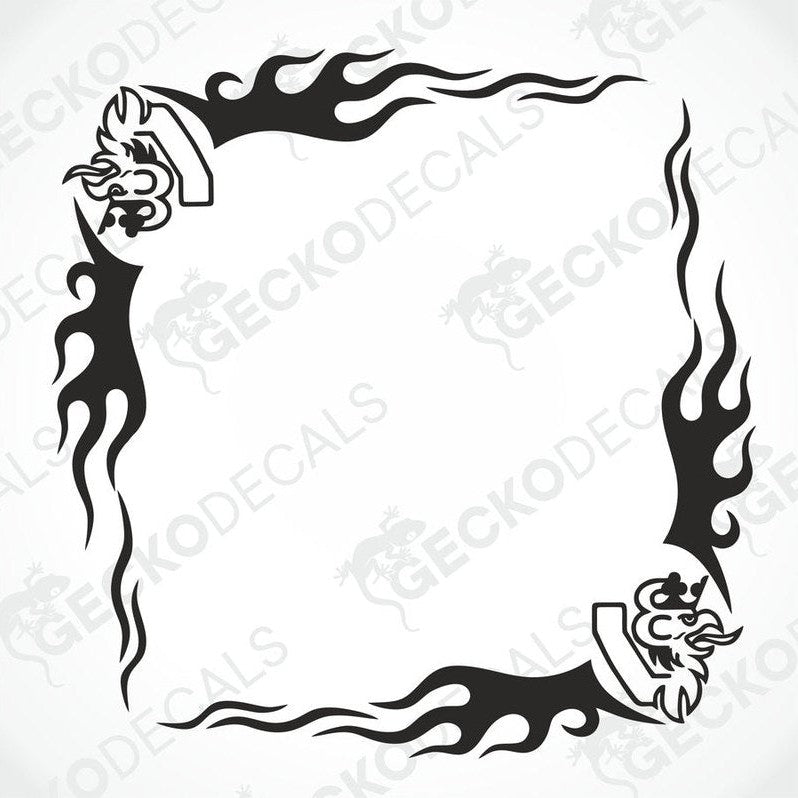 A pair of black and white tribal side window decals featuring flame designs and the Griffin logo, intended for use on a Scania V8 truck.