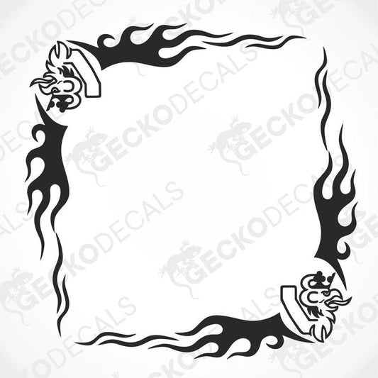 A pair of black and white tribal side window decals featuring flame designs and the Griffin logo, intended for use on a Scania V8 truck.