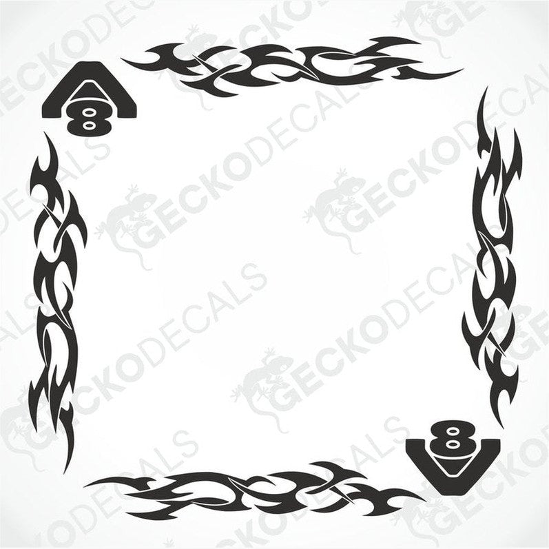 A set of two black tribal patterned side window decals for a Scania V8 truck, displayed on a white background.