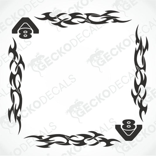 A set of two black tribal patterned side window decals for a Scania V8 truck, displayed on a white background.