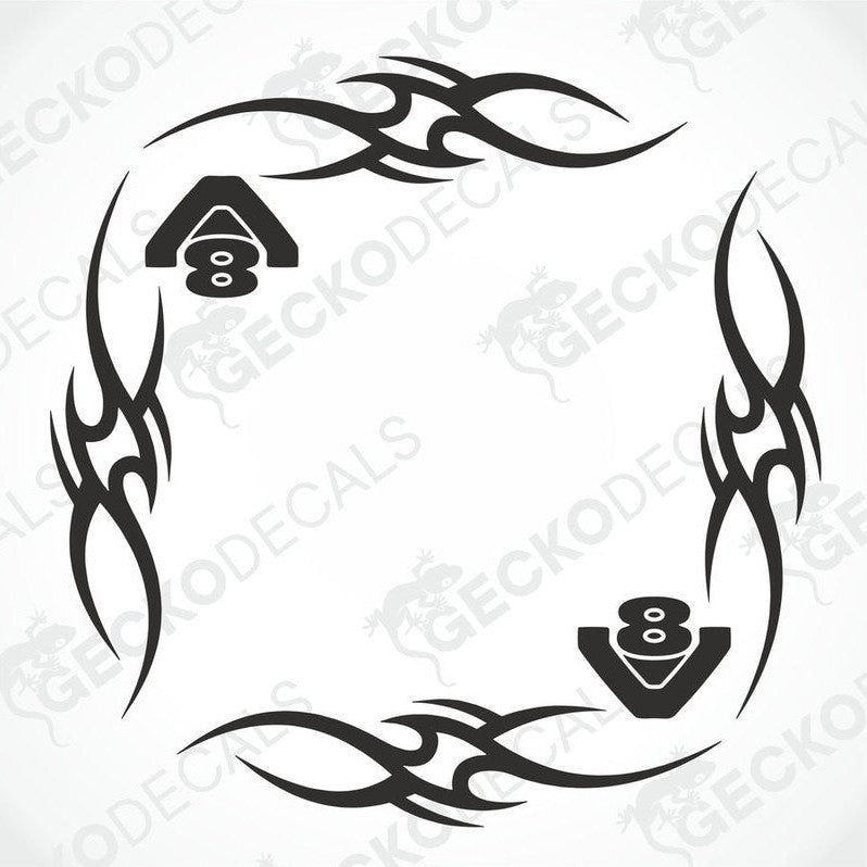 A pair of black tribal patterned side window decals for a vehicle, featuring the number 8.