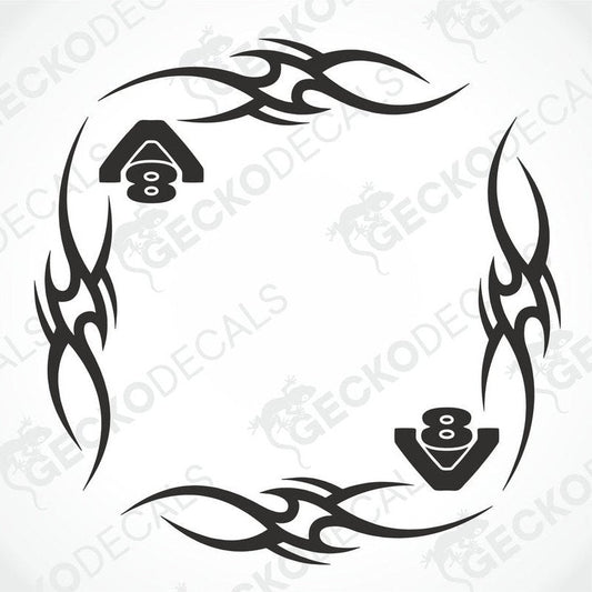 A pair of black tribal patterned side window decals for a vehicle, featuring the number 8.