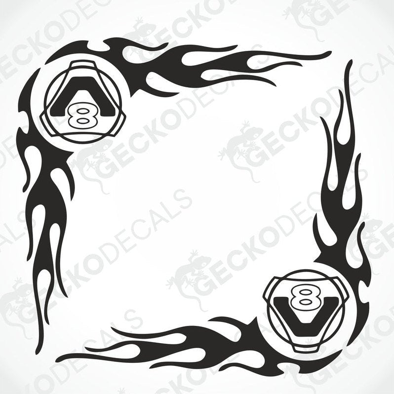 A set of two black and white tribal patterned side window decals with '8' symbols on them, designed for Scania vehicles.
