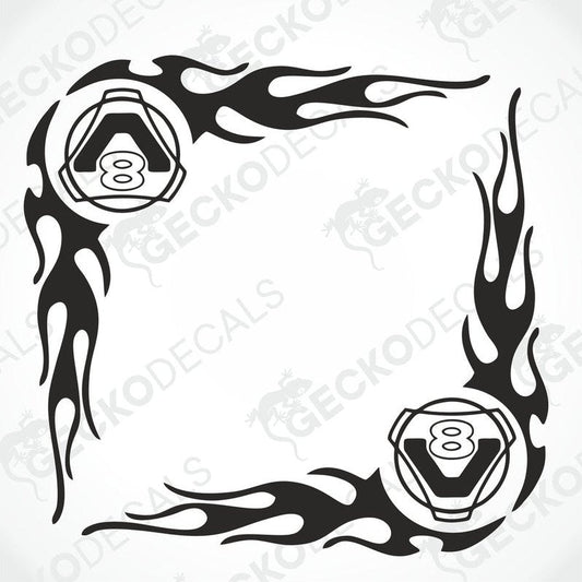 A set of two black and white tribal patterned side window decals with '8' symbols on them, designed for Scania vehicles.