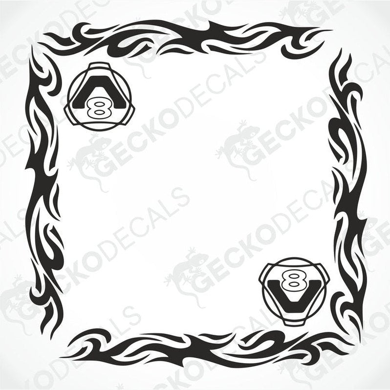 A pair of black and white tribal patterned side window decals for a Scania V8 truck, showing the design on a white background.
