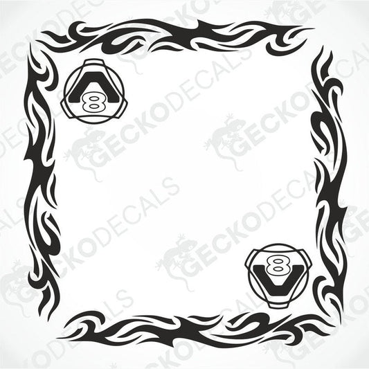 A pair of black and white tribal patterned side window decals for a Scania V8 truck, showing the design on a white background.