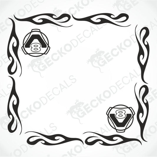 A pair of black and white side window decals for a Scania V8 truck, featuring tribal-style patterns and engine motifs.