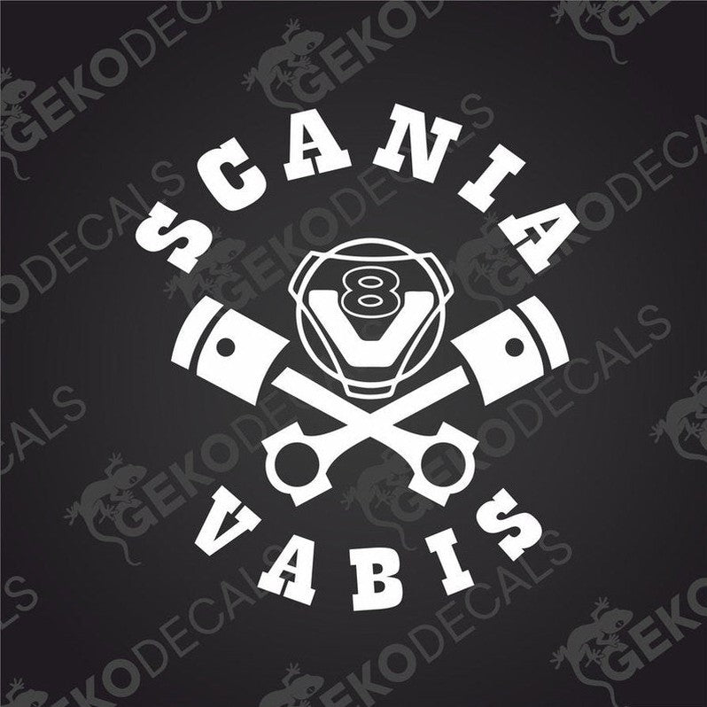 A black and white decal with the text 'SCANIA V8 VABIS' and an image of a piston.