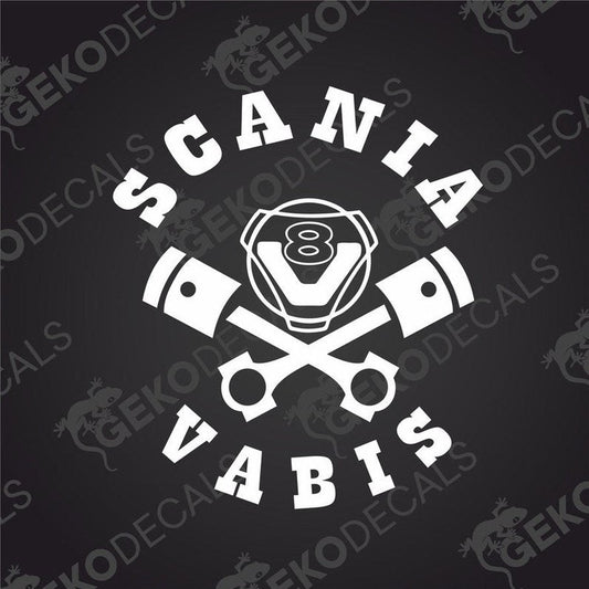A black and white decal with the text 'SCANIA V8 VABIS' and an image of a piston.