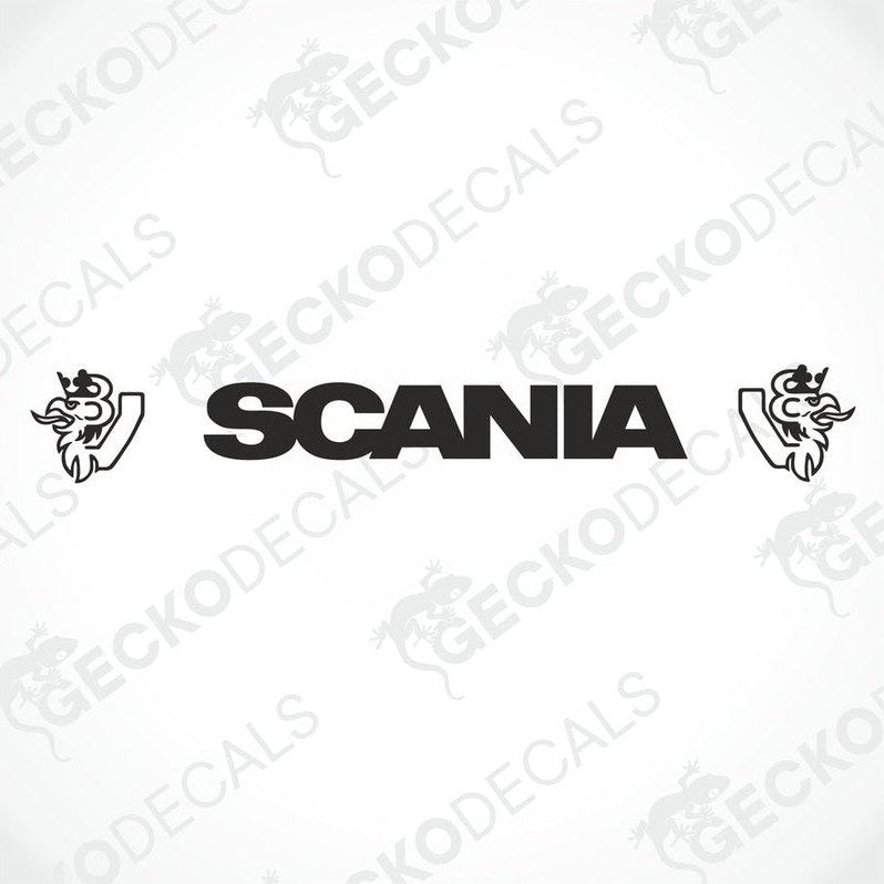 A front view of a gray Scania truck with a die cut decal on the windscreen.