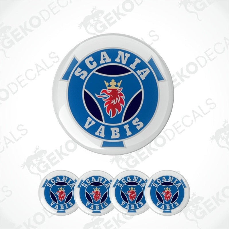 A set of round vinyl decals with a blue and red 'Scania Vabis' logo and a bull's head illustration.