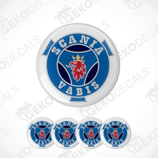 A set of round vinyl decals with a blue and red 'Scania Vabis' logo and a bull's head illustration.