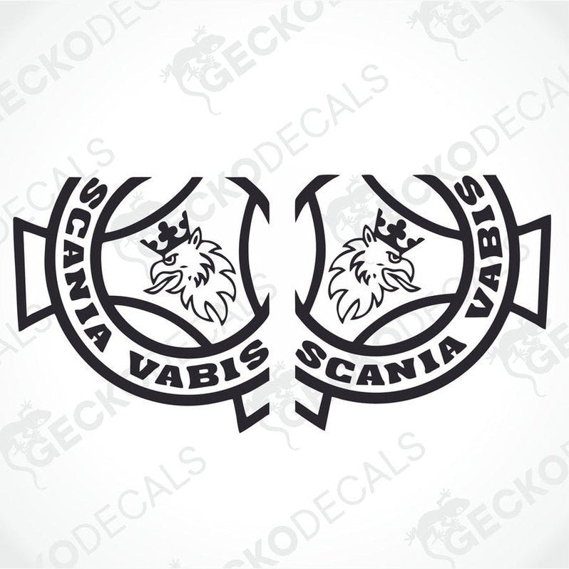 Two black and white vehicle decals featuring the Scania Vabis logo, designed for use on the exterior of vehicles.