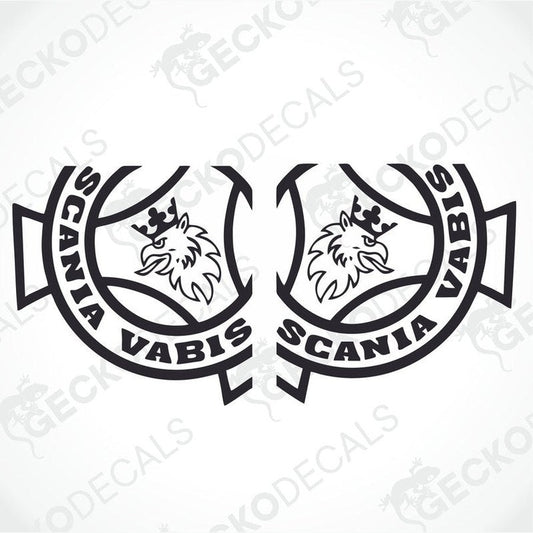 Two black and white vehicle decals featuring the Scania Vabis logo, designed for use on the exterior of vehicles.