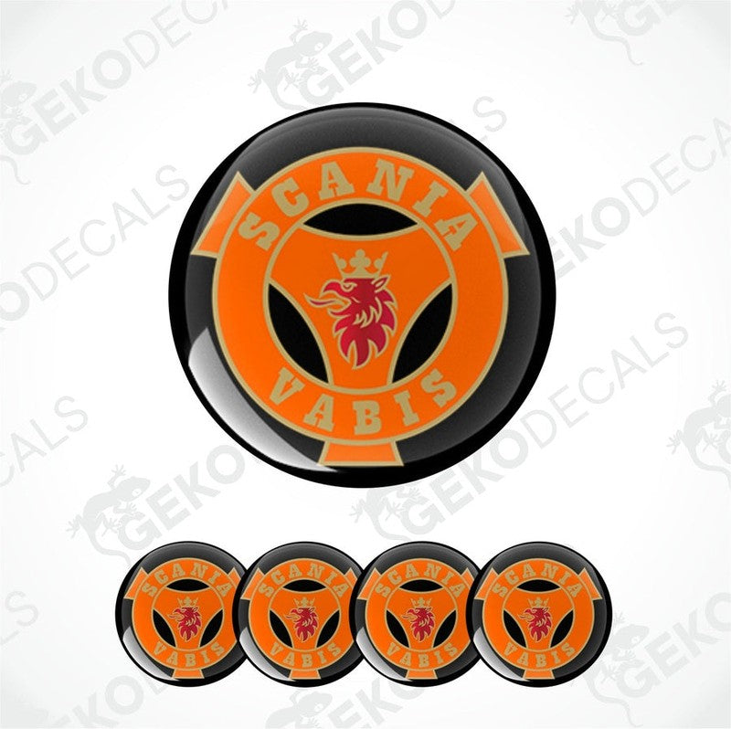 A set of four orange, black, and red vinyl stickers with a Scania Vabis logo design.