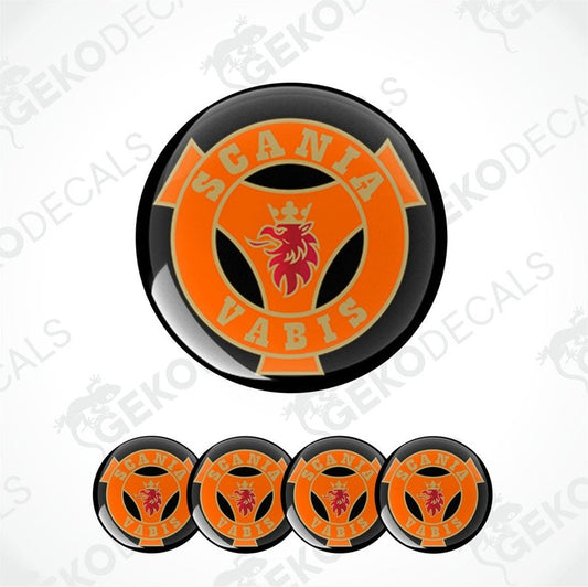 A set of four orange, black, and red vinyl stickers with a Scania Vabis logo design.