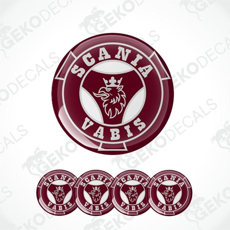 A set of four round red and white vinyl decals with the text 'SCANIA VABIS' and a logo.