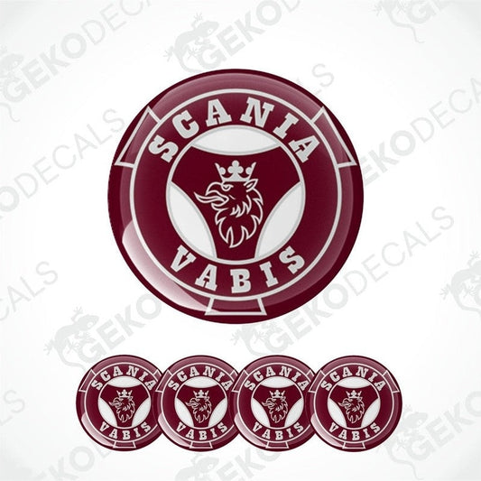 A set of four round red and white vinyl decals with the text 'SCANIA VABIS' and a logo.