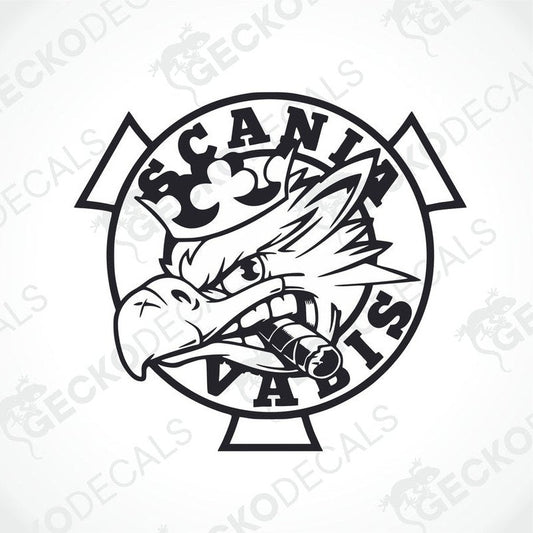 A black and white die cut decal featuring the text 'SCANIA VABIS' with a graphic of a bird in flight incorporated into the design.