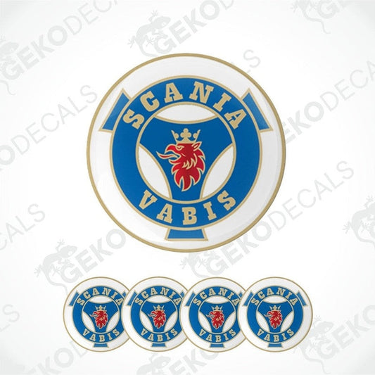 A set of four round blue and white decals with a red logo of Scania Vabis in the center.