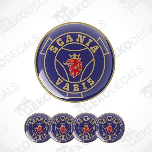 A set of four blue vinyl stickers with the Scania Vabis logo, which includes a red lion and the brand name, surrounded by a gold border.