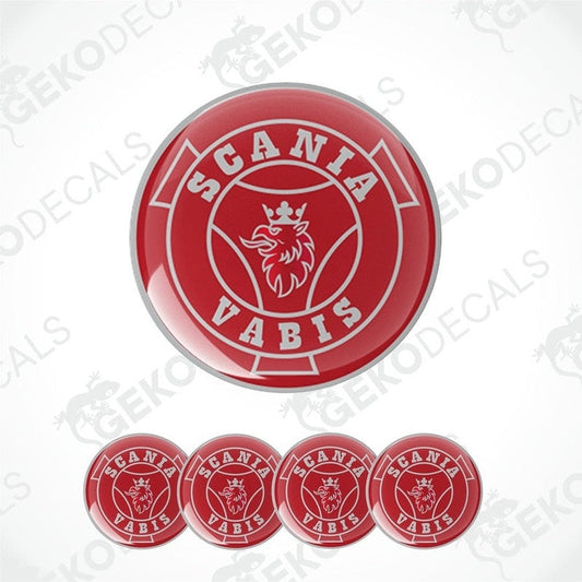 A set of four red and white vinyl stickers with the Scania Vabis logo.