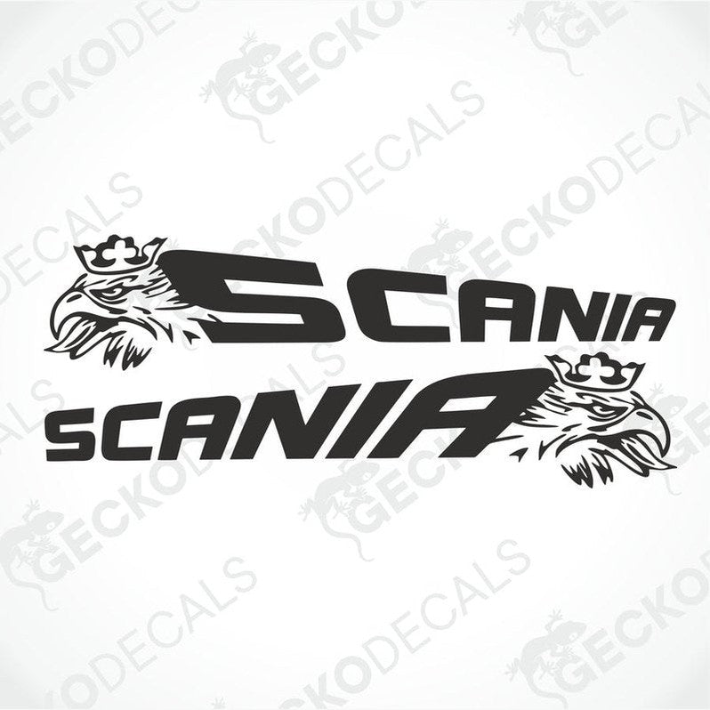 A pair of black Scania vehicle decals, featuring the brand's logo and a stylized bird, intended for use on the exterior of a truck.