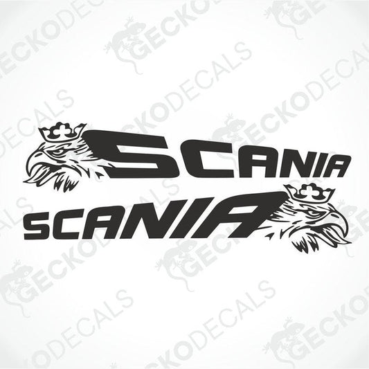 A pair of black Scania vehicle decals, featuring the brand's logo and a stylized bird, intended for use on the exterior of a truck.