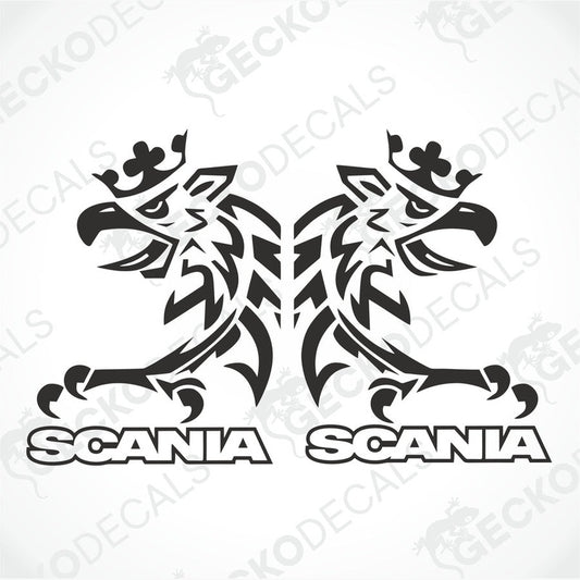 Two black and white decal stickers depicting a stylized bird with the text 'SCANIA' at the base of its design.